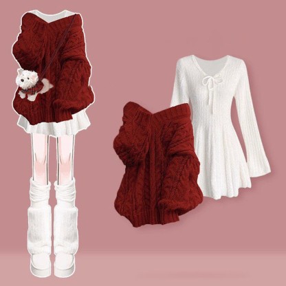 Zweiteiliges Set aus süßem V-Ausschnitt-Strickpullover und Kleid - Rotes Top + weißes Kleid - 4XL - image 5