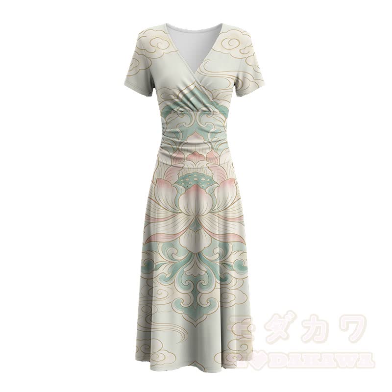 Lotus Cloud Graphic Modakawa V-Ausschnitt Maxikleid - image 3