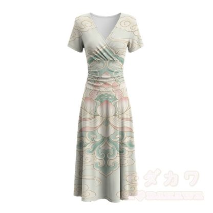 Lotus Cloud Graphic Modakawa V-Ausschnitt Maxikleid - image 3