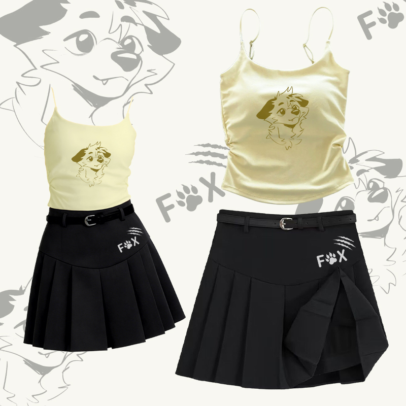 MODAKAWA X atka Smile Fox Graphic Camisole Belt Pleated Skirt Two Pieces Set - Set C - L - image 3