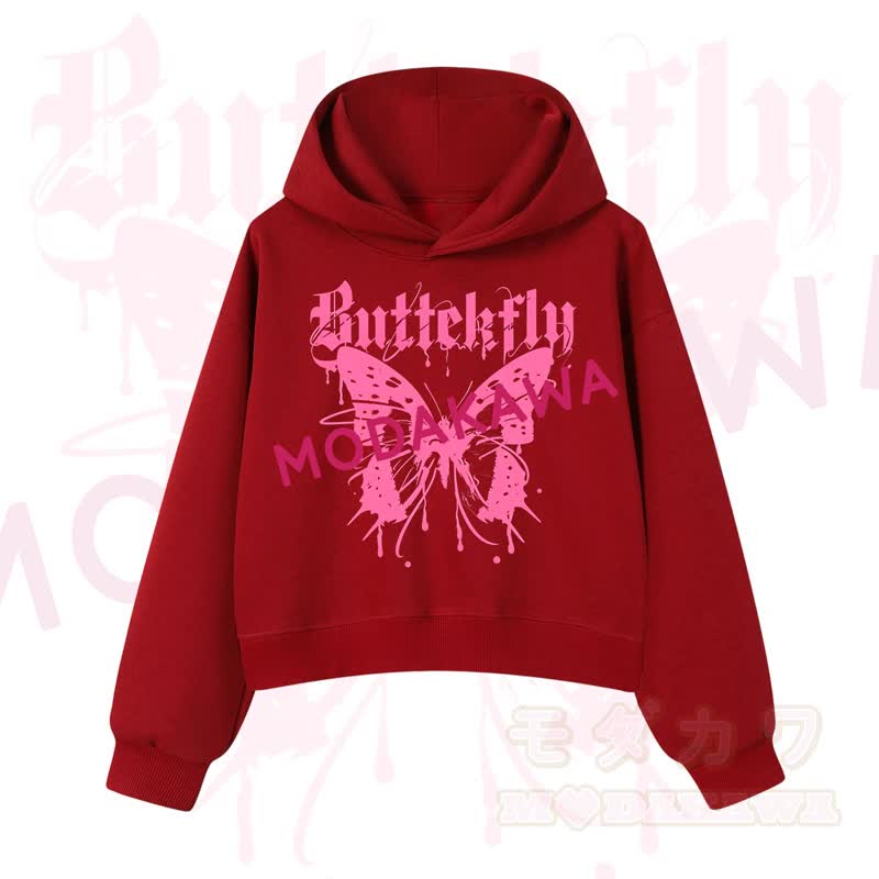 MODAKAWA Baumwoll-Hoodie mit Schmetterlingsmotiv (kurzer Schnitt) - Rot - 3XL - image 11