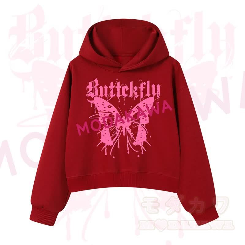 MODAKAWA Baumwoll-Hoodie mit Schmetterlingsmotiv (kurzer Schnitt) - Rot - 3XL - image 11