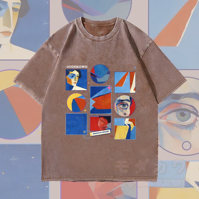 MODAKAWA Abstraktes Porträt-Gitter-Grafik Unisex Vintage Washed T-Shirt - Braun - 4XL - image 3