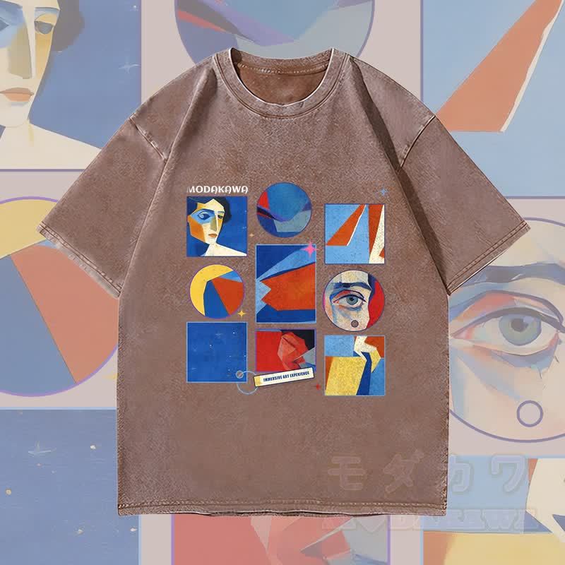 MODAKAWA Abstraktes Porträt-Gitter-Grafik Unisex Vintage Washed T-Shirt - Braun - 4XL - image 3