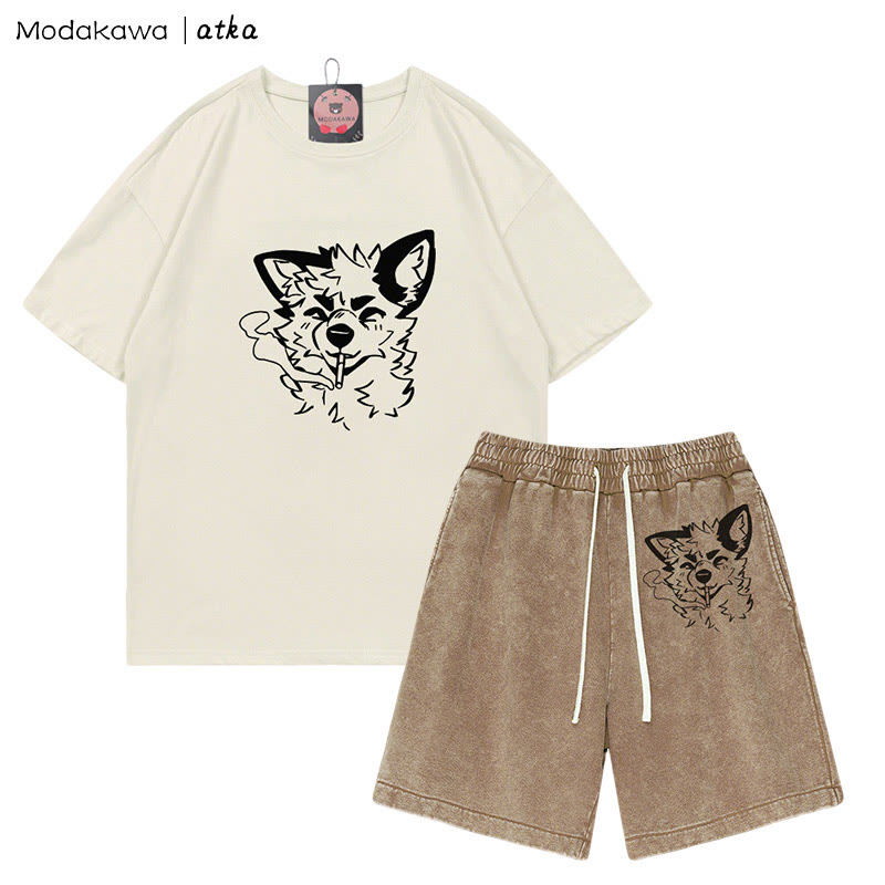 MODAKAWA X atka Fox Smoking Graphic T-Shirt Vintage Washed Shorts Zweiteiliges Set - Beige&Brown - 3XL - image 3