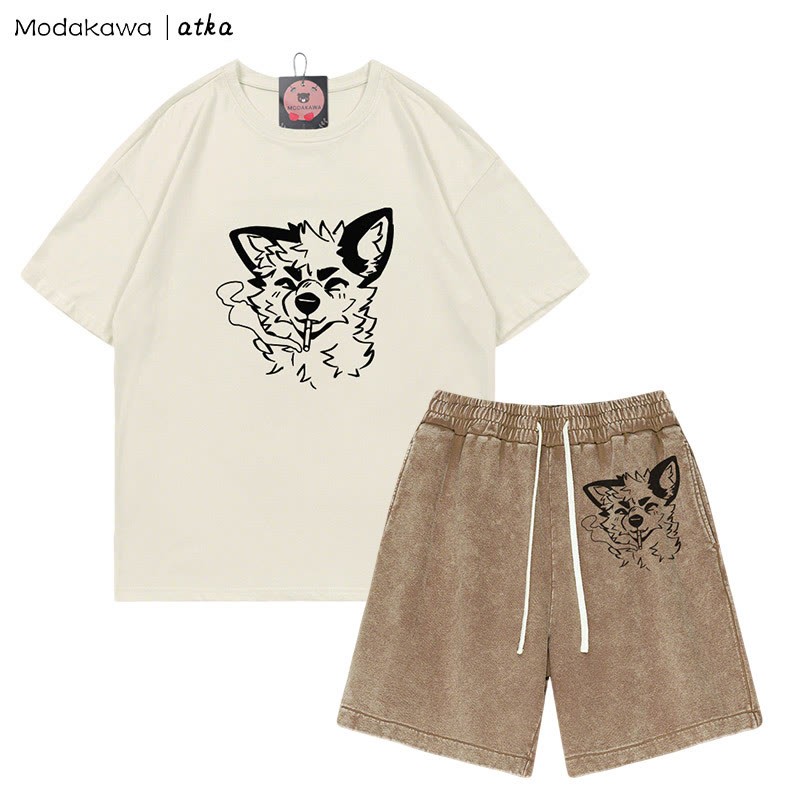 MODAKAWA X atka Fox Smoking Graphic T-Shirt Vintage Washed Shorts Zweiteiliges Set - Beige&Brown - 3XL - image 3