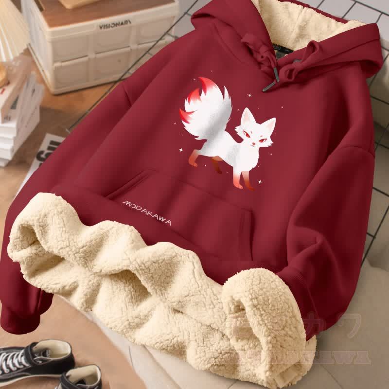 MODAKAWA Winterhoodie mit neunschwänzigem Fuchs-Motiv, dick gefüttert mit Fleece - Weinrot B - 2XL - image 4
