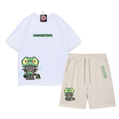 Lustiges T-Shirt mit Frosch-Grafik und dunkler Ästhetik, zweiteiliges Set - Weiß&Aprikose - B - 5XL - image 8