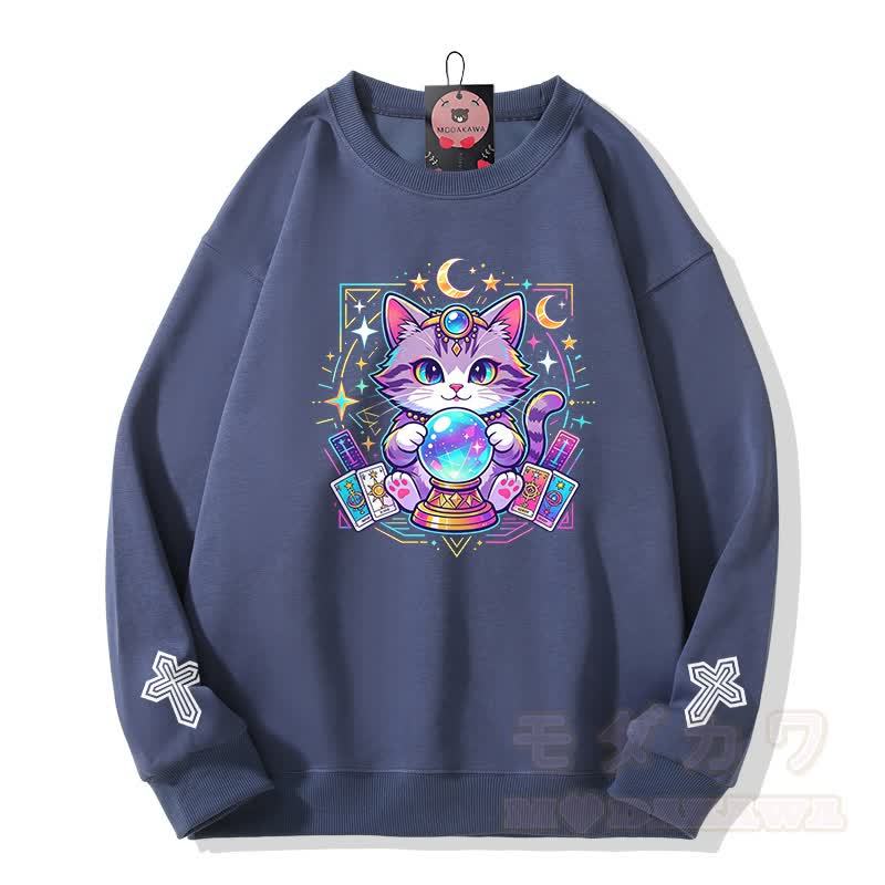 Tarot-Katze-Kristallkugel-Kreuz-Grafik Modakawa Sweatshirt - Staubiges Blau - 5XL - image 4