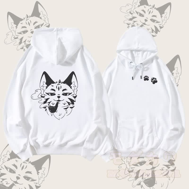 MODAKAWA Smoking Fox Graphic Streetwear Pullover Hoodie - Weiß - 5XL - image 3