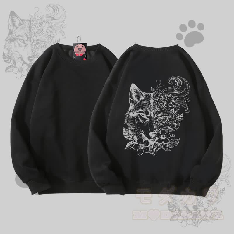 MODAKAWA Unisex-Sweatshirt mit Blumen- und Wolfsmotiv - Schwarz - 5XL - image 4