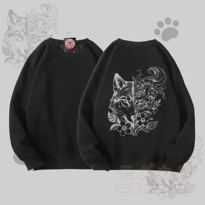 MODAKAWA Unisex-Sweatshirt mit Blumen- und Wolfsmotiv - Schwarz - 5XL - image 4
