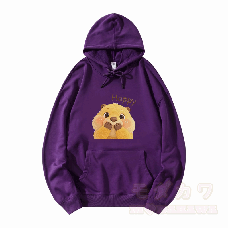 Modakawa Hoodie mit HAPPY Capybara-Modifikationsmotiv und lockerer Passform aus Baumwollmischgewebe - Lila - 5XL - image 6