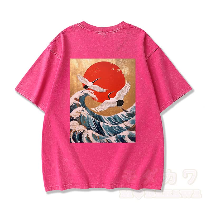 MODAKAWA Ocean Waves Grafik Vintage Washed 100% Baumwolle T-Shirt - Rosenrot - 3XL - image 8