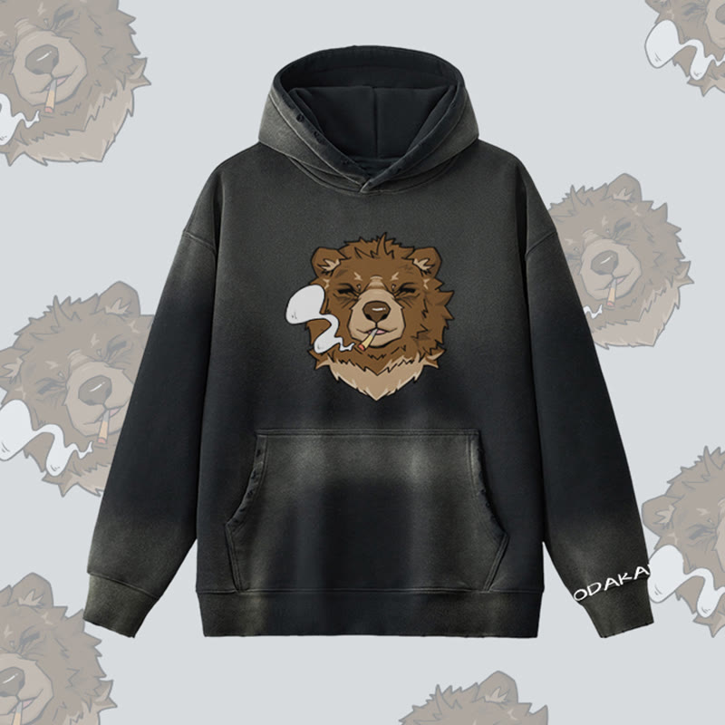 MODAKAWA Smoking Bear Graphic Vintage Washed Fleece Lined Hoodie - Black - 2XL - image 4