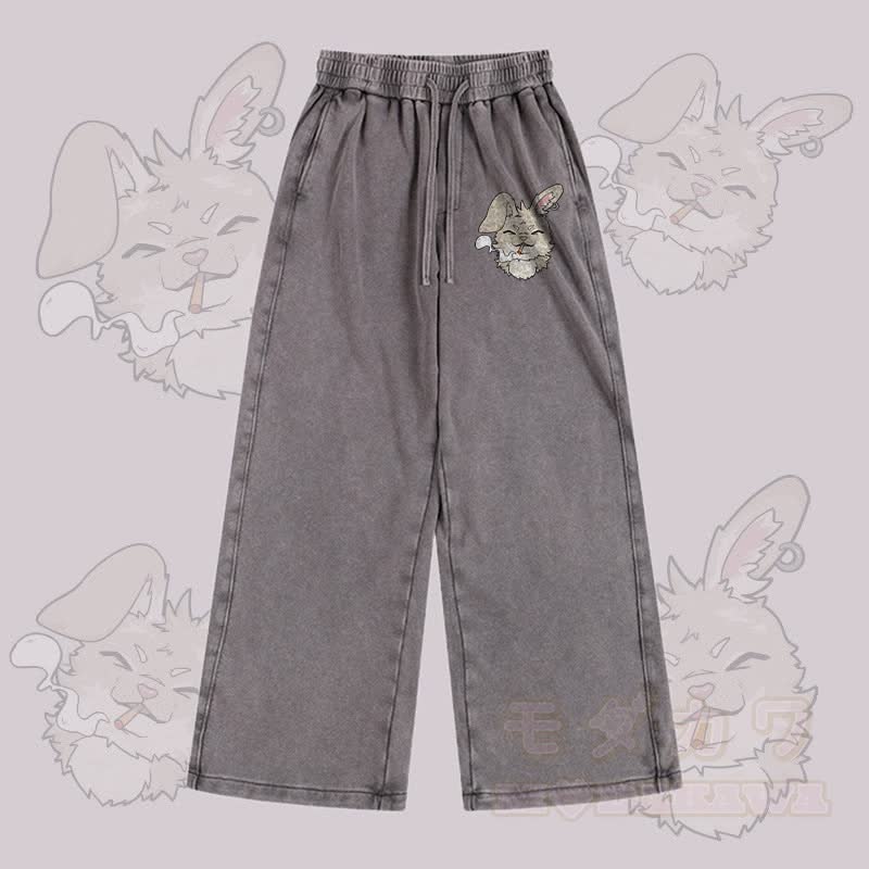MODAKAWA Smoking Bunny Graphic Vintage Washed Adjustable Hem Pants - Grau - 2XL - image 3