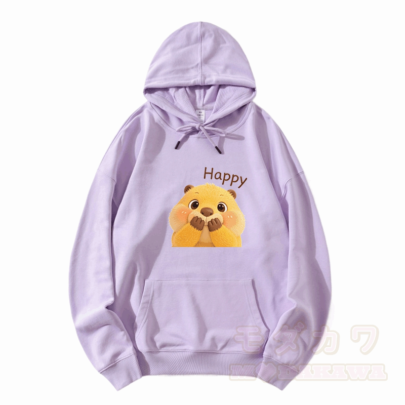Modakawa Hoodie mit HAPPY Capybara-Modifikationsmotiv und lockerer Passform aus Baumwollmischgewebe - Hellviolett - 5XL - image 5