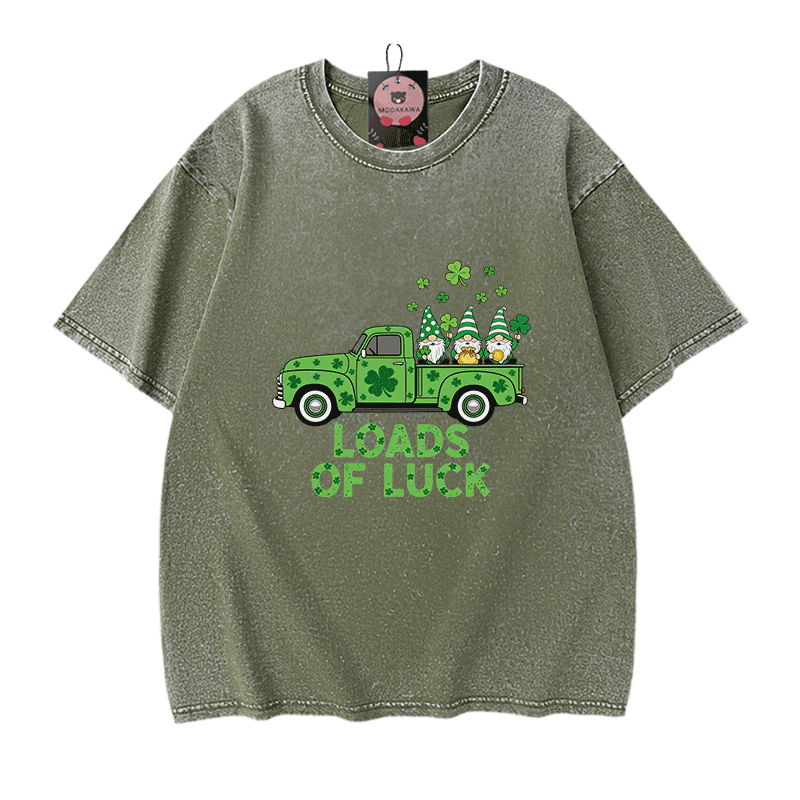 St. Pakrit's Day Lucky LOADS OF LUCK Graphic Modakawa Vintage Washed 100% Cotton T-Shirt - Green - 5XL - image 8