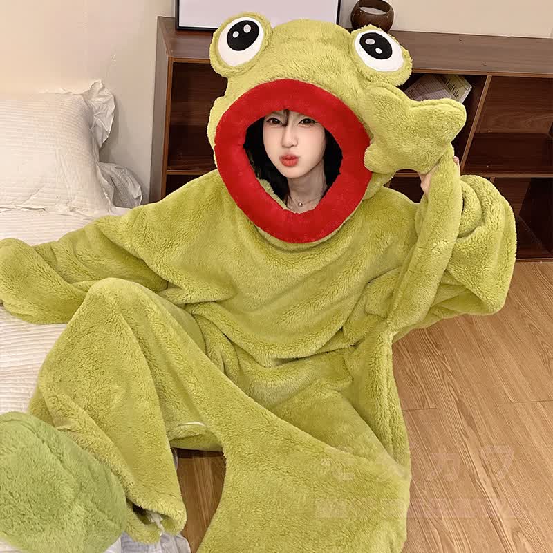 Verspielter Frosch Plüsch-Kapuzen-Einteiler-Schlafanzug - image 5