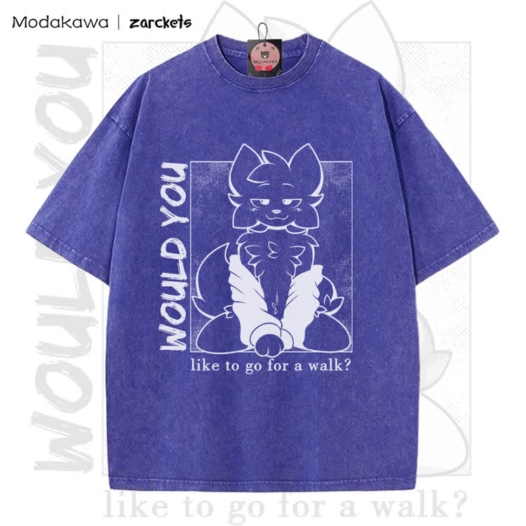 MODAKAWA X zarckets WOULD YOU Anime Fuchs Charakter Grafik Vintage Washed T-Shirt - Blue - 5XL - image 3