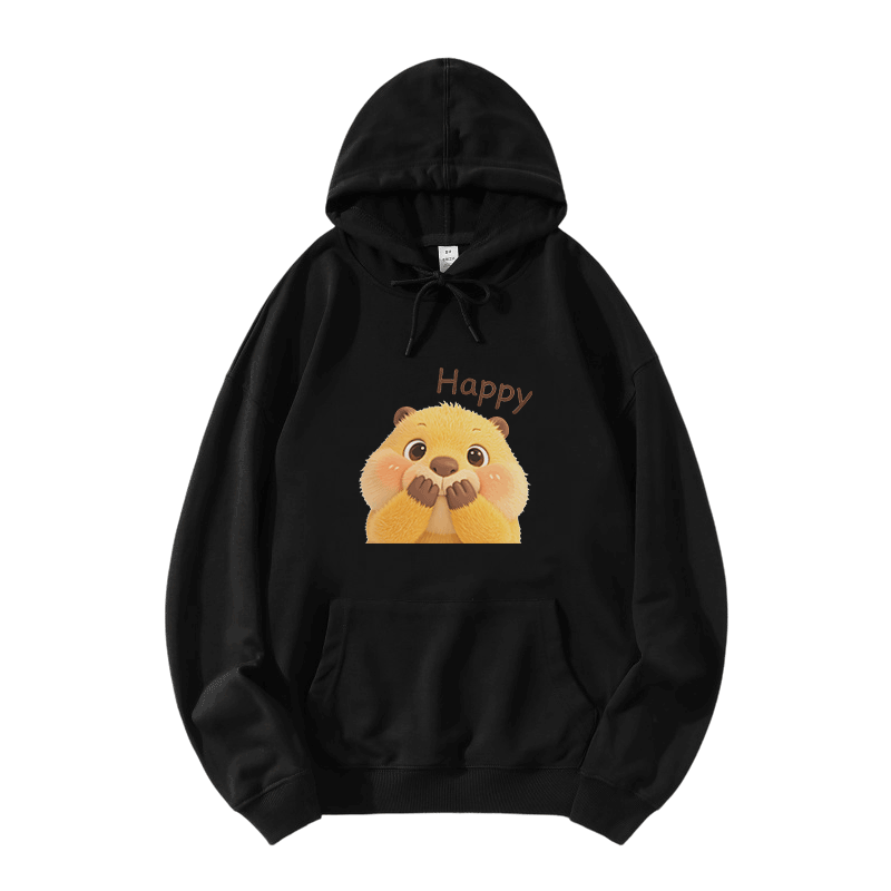 Modakawa Hoodie mit HAPPY Capybara-Modifikator und lockerer Passform aus Baumwollmischgewebe - Black - 5XL - image 3