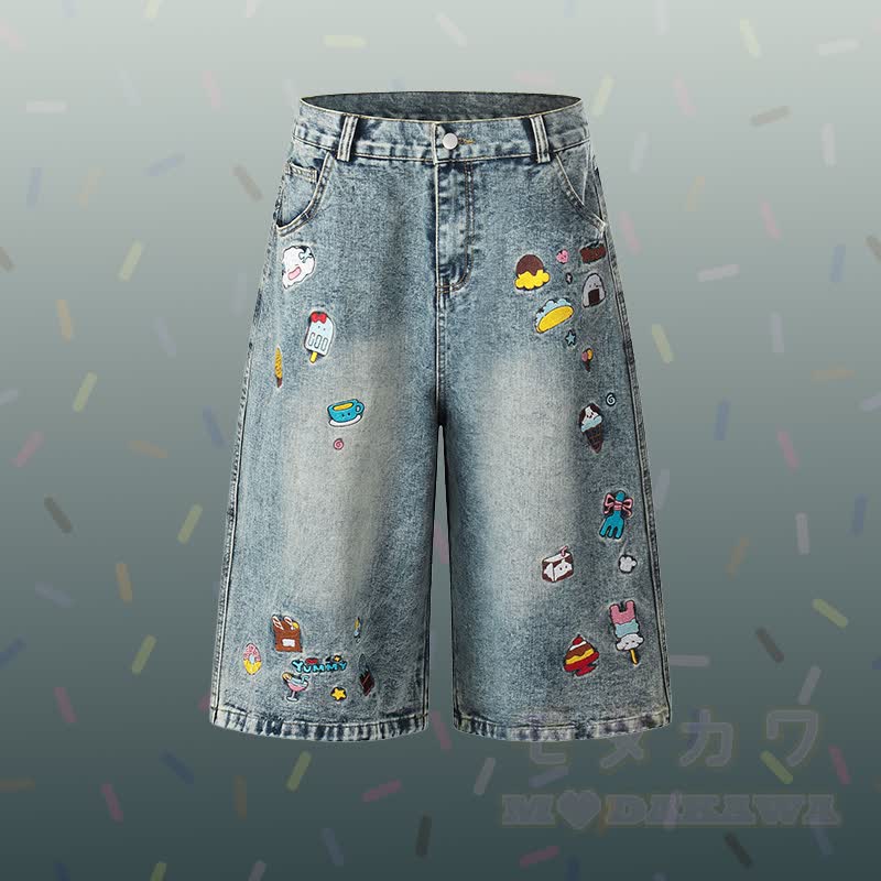 Polo-Shirt mit Welpen-Grafikstreifen, bestickte Jeans, kurze Hose, passendes Outfit von Modakawa - Blaue Hose - XL - image 5