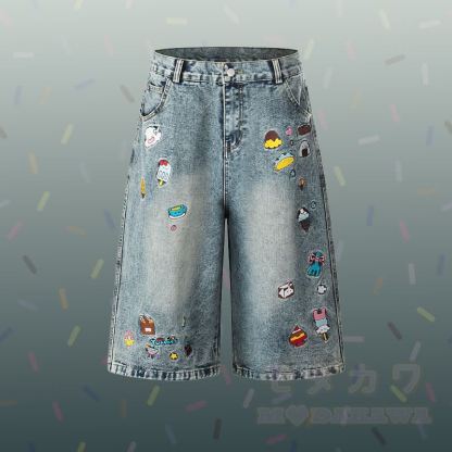 Polo-Shirt mit Welpen-Grafikstreifen, bestickte Jeans, kurze Hose, passendes Outfit von Modakawa - Blaue Hose - XL - image 5