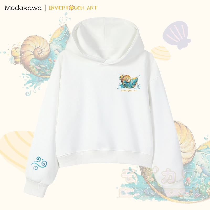 MODAKAWA X INVERTOUCH_ART Ocean Shell Bee Graphic Modakawa Cropped Cotton Hoodie - Weiß C - 3XL - image 9
