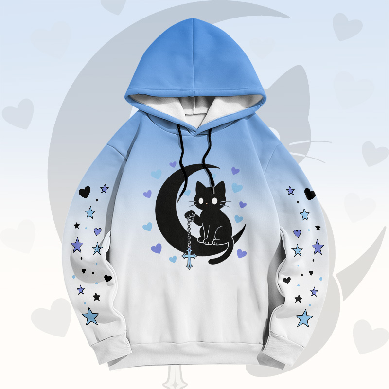 Modakawa Pullover-Hoodie mit Farbverlauf, schwarzer Katze und Mond-Grafik - Blue B - 6XL - image 5