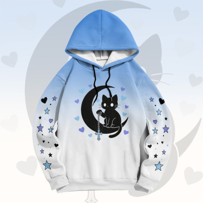 Modakawa Pullover-Hoodie mit Farbverlauf, schwarzer Katze und Mond-Grafik - Blue B - 6XL - image 5