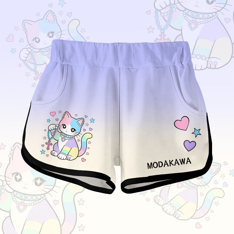 Modakawa Shorts mit pastellfarbenem Farbverlauf und Katzenmotiv - Purple B - 5XL - image 3