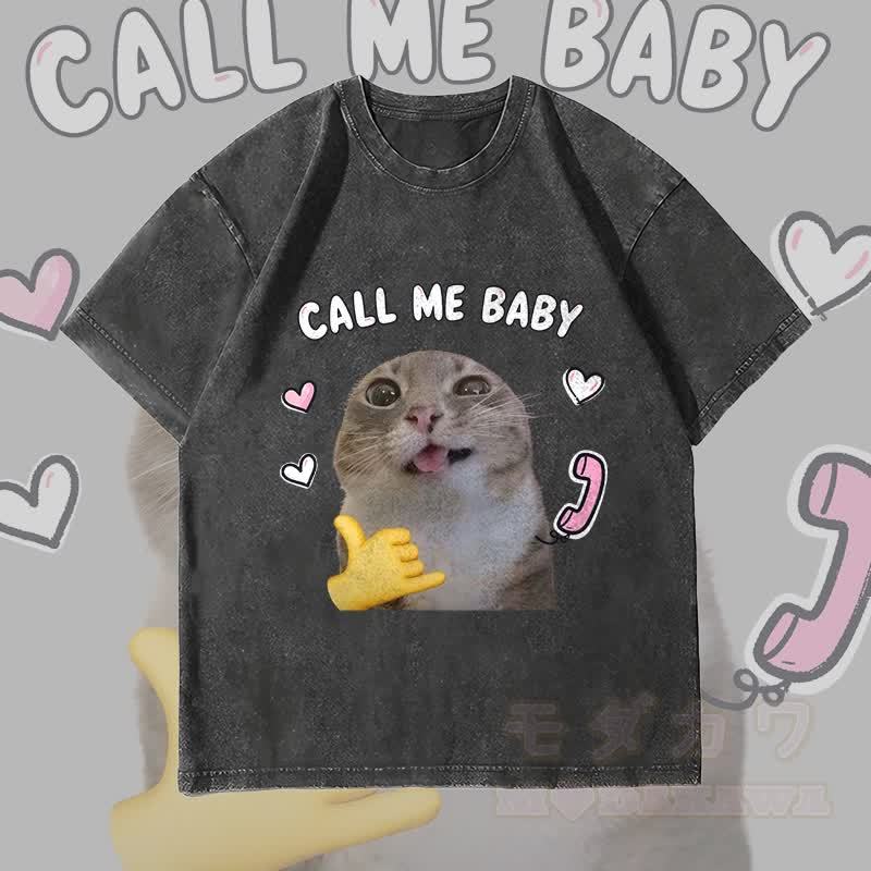 MODAKAWA CALL ME BABY Lustiges Katzenmotiv Unisex Vintage Washed T-Shirt - Schwarz - 4XL - image 4