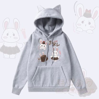 MODAKAWA Kapuzenpullover mit Pudding-Hasen-Grafik, Taschenfutter und Fleece-Einsatz sowie Katzenohren  - Grau - 2XL - image 3