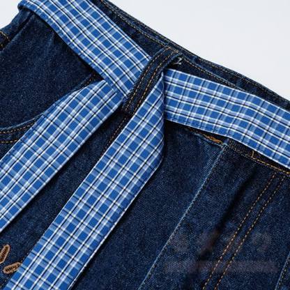Vintage-Cartoon-Welpen-Stickerei, karierte Jeans mit weitem Bein, Jeans mit weitem Bein und kariertem Bein - image 9