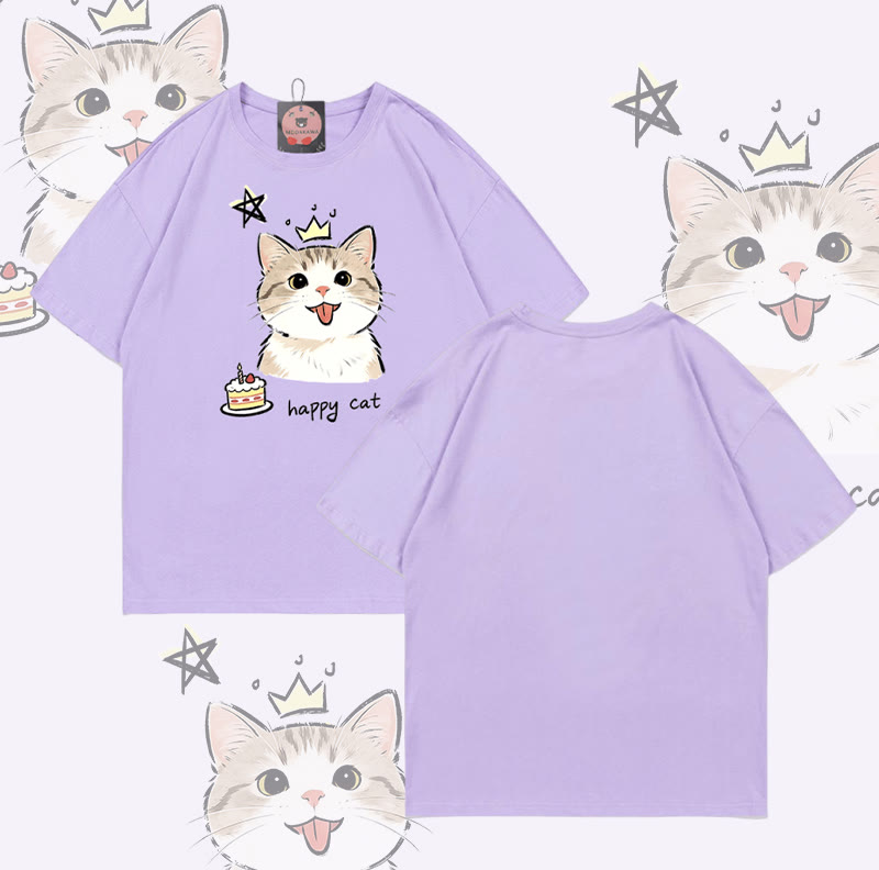 Modakawa T-Shirt mit HAPPY Katzenkuchen-Motiv, 100 % Baumwolle - Purple - 5XL - image 5