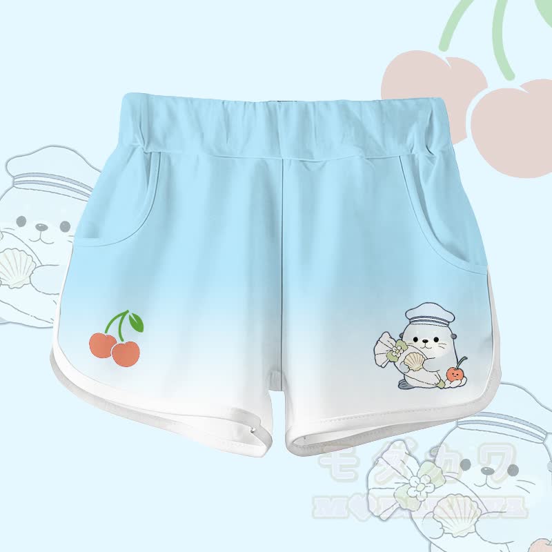 Modakawa Zweiteiler-Set: Niedliches T-Shirt mit Seehundmotiv aus 100 % Baumwolle, Shorts mit Farbverlauf - Hellblaue Shorts - 5XL - image 4