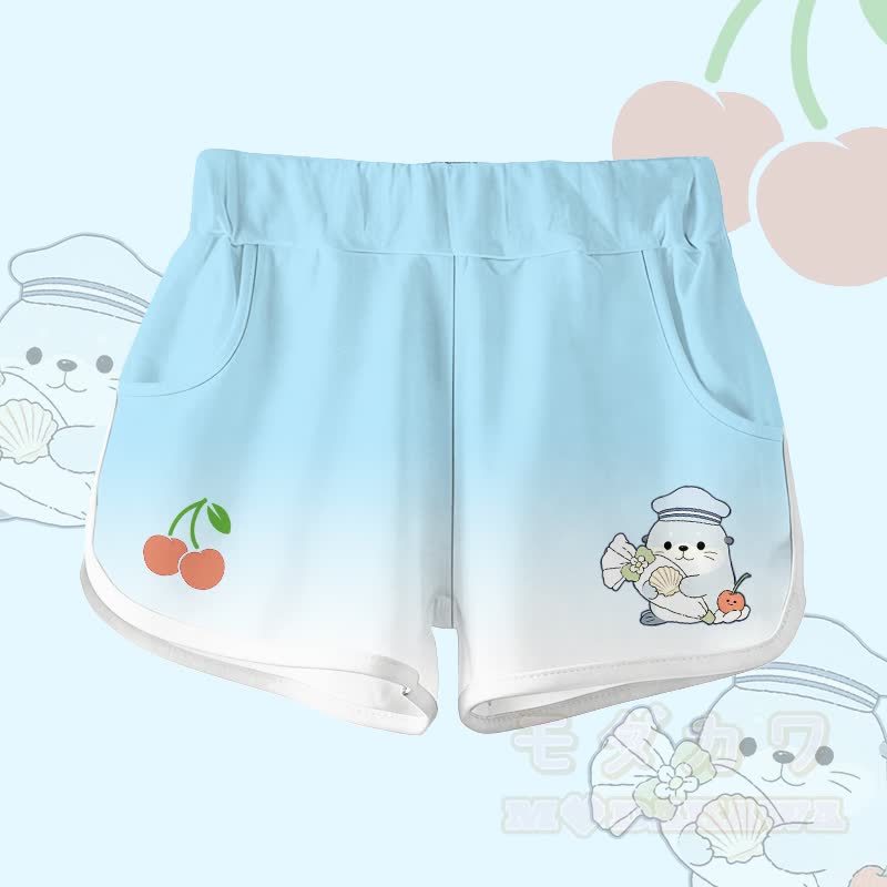 Modakawa Zweiteiler-Set: Niedliches T-Shirt mit Seehundmotiv aus 100 % Baumwolle, Shorts mit Farbverlauf - Hellblaue Shorts - 5XL - image 4