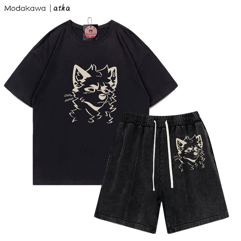 MODAKAWA X atka Cheeky Fox Grafik-T-Shirt Vintage Washed Shorts Zweiteiliges Set - Black - 3XL - image 7