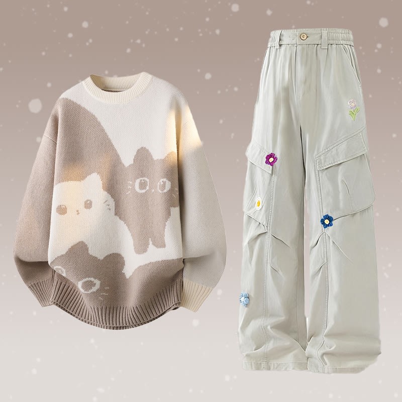 Zweiteiler mit Katzenmotiv, Strickpullover und Blumen-Cargohose - Set C - 2XL - image 3