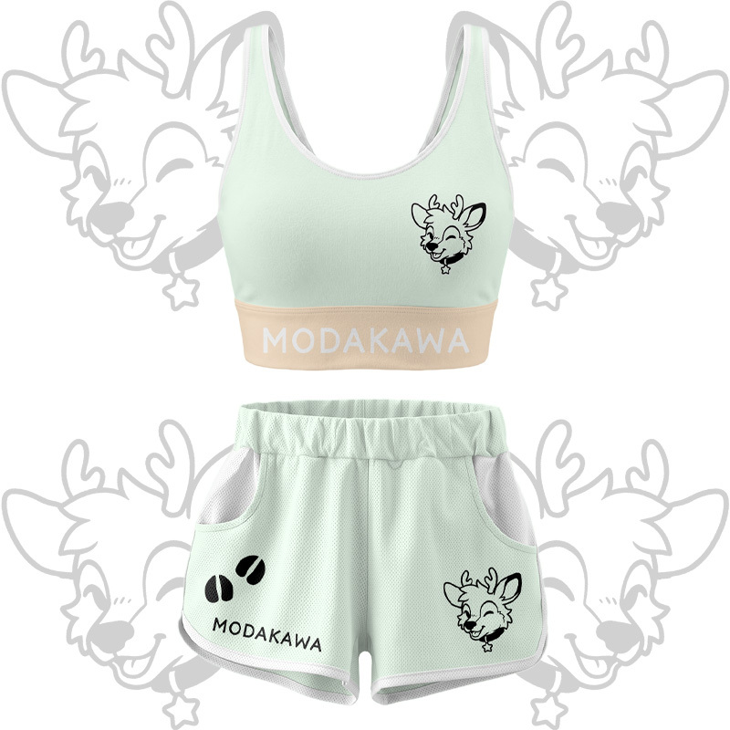 Hirsch-Grafik Crop Tank Top Sport Shorts Bikini Modakawa passendes Outfit - Green Set - 5XL - image 15