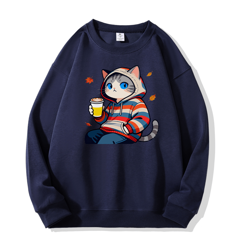 Sweatshirt mit Rundhalsausschnitt und Katzenmotiv im Herbst-Look - Purplish Blue - 5XL - image 3
