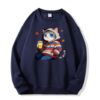 Sweatshirt mit Rundhalsausschnitt und Katzenmotiv im Herbst-Look - Purplish Blue - 5XL - image 3