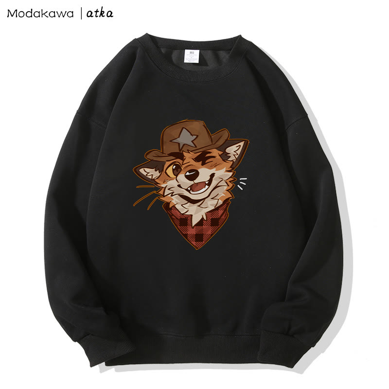 MODAKAWA X atka Cowboy Fox Winking Graphic Round Collar Sweatshirt - Black - 5XL - image 3