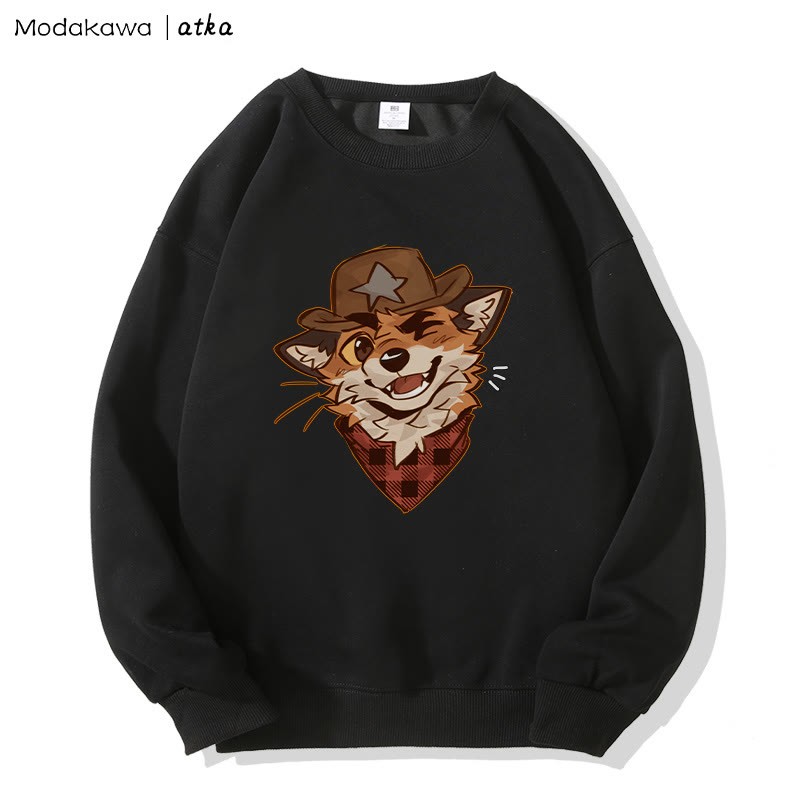 MODAKAWA X atka Cowboy Fox Winking Graphic Round Collar Sweatshirt - Black - 5XL - image 3