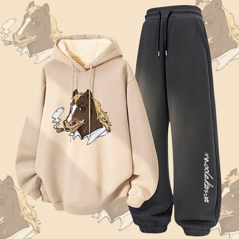 MODAKAWA Smoking Horse Grafik, dick gefütterter Hoodie und Hose, zweiteiliges Set - Apricot&Dark Grey - 5XL - image 3