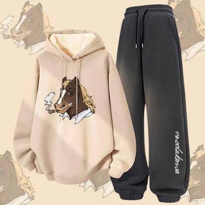 MODAKAWA Smoking Horse Grafik, dick gefütterter Hoodie und Hose, zweiteiliges Set - Apricot&Dark Grey - 5XL - image 3