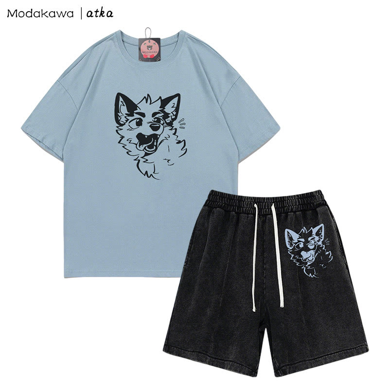 MODAKAWA X atka Verspieltes T-Shirt mit Fuchsgesicht-Grafik und verwaschenen Vintage-Shorts, zweiteiliges Set - Dusty Blue&Black - 3XL - image 8
