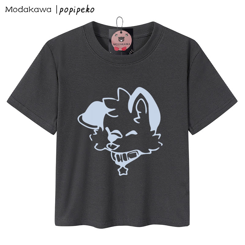 MODAKAWA X popipeko Damen-T-Shirt mit Welpen-Grafik, 92 % gekämmte Baumwolle, bauchfreies Top - Grau - XL - image 3