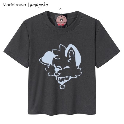 MODAKAWA X popipeko Damen-T-Shirt mit Welpen-Grafik, 92 % gekämmte Baumwolle, bauchfreies Top - Grau - XL - image 3