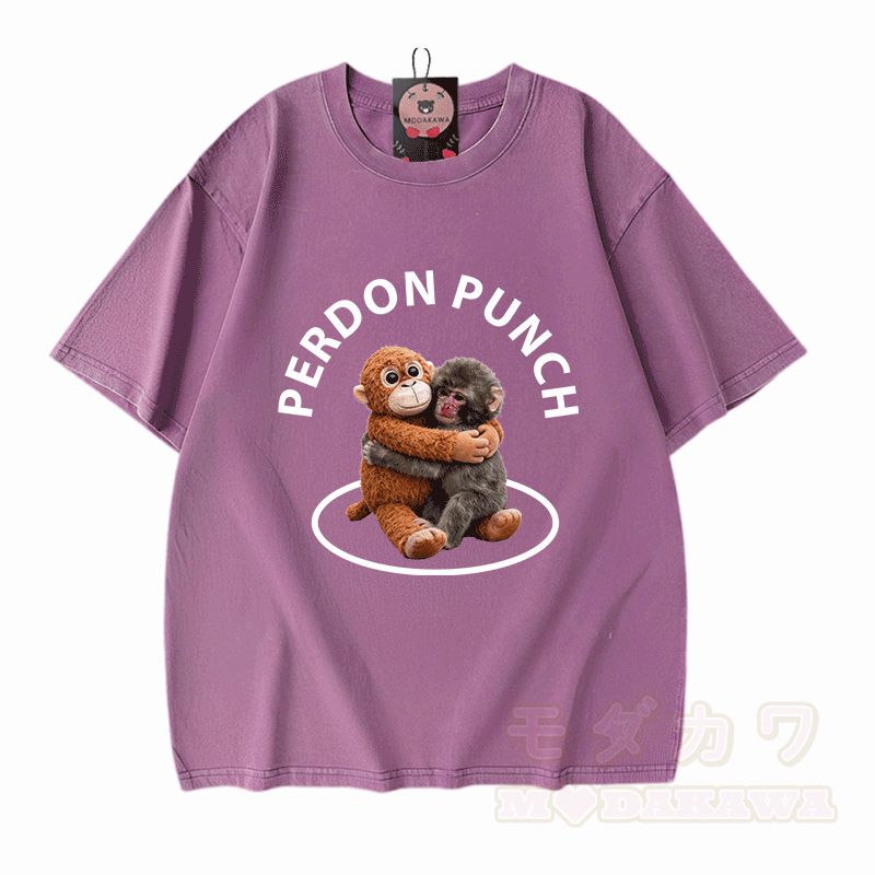 PERDON PUNCH Umarmungsaffen-Grafik Modakawa Unisex Vintage Washed T-Shirt - Lila - 5XL - image 4